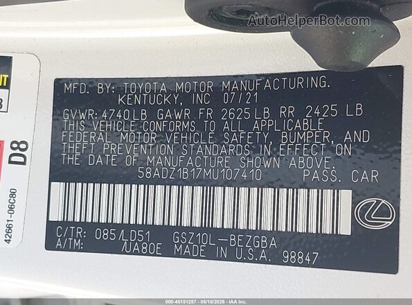 58ADZ1B17MU107410 2021 LEXUS ES 350 White 