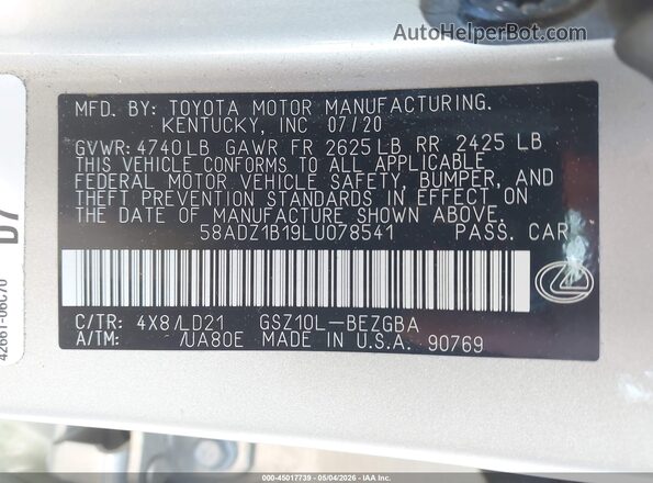 58ADZ1B19LU078541 2020 LEXUS ES 350 Tan Widok komory silnika