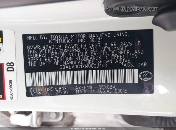 58AEA1C1XMU009143 2021 LEXUS ES 300H White Вид підкапотного простору