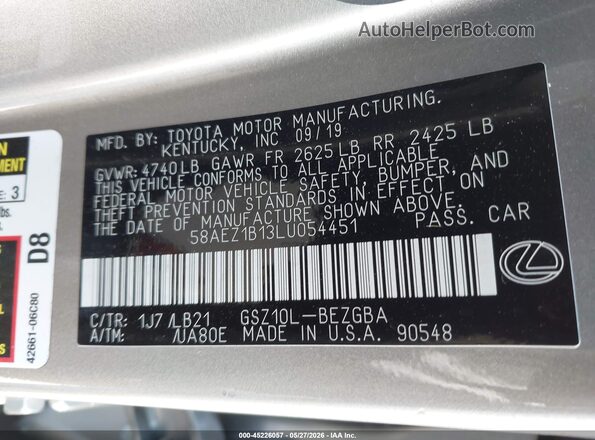 58AEZ1B13LU054451 2020 LEXUS ES 350 Silver Engine compartment view