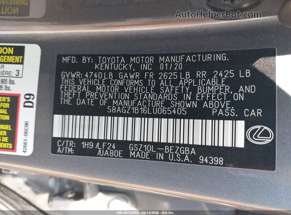 58AGZ1B16LU065405 2020 LEXUS ES 350 Gray Вид підкапотного простору
