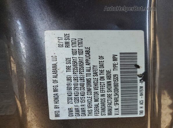 5FNRL5H30HB015329 2017 HONDA ODYSSEY Gray 