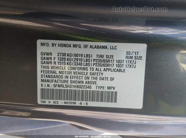 5FNRL5H31HB022340 2017 HONDA ODYSSEY Gray Vista del compartimento del motor