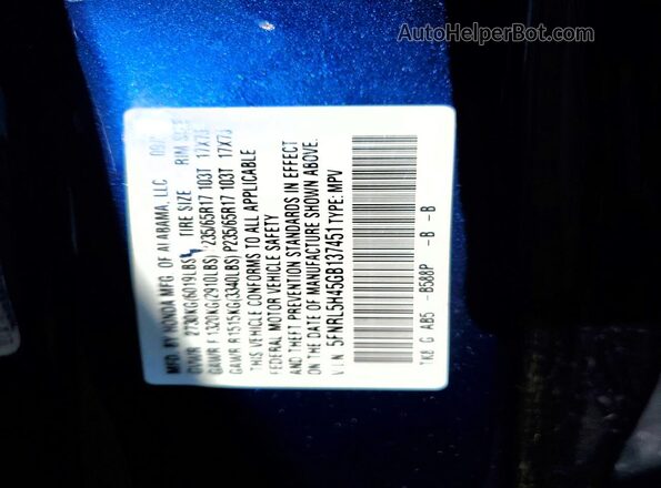 5FNRL5H45GB137451 2016 HONDA ODYSSEY Blue 
