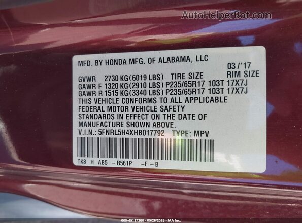 5FNRL5H4XHB017792 2017 HONDA ODYSSEY Burgundy Vista del compartimento del motor