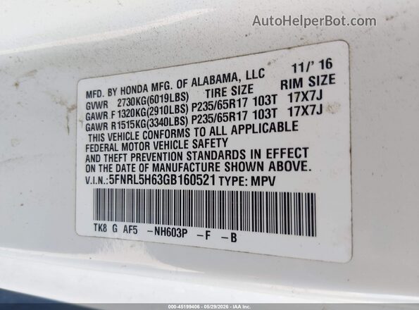 5FNRL5H63GB160521 2016 HONDA ODYSSEY White Widok komory silnika
