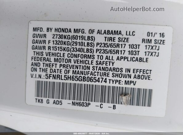 5FNRL5H65GB065474 2016 HONDA ODYSSEY White Շարժիչի բաժամունքի տեսք