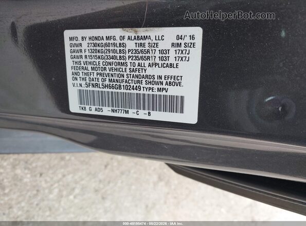 5FNRL5H66GB102449 2016 HONDA ODYSSEY Gray ძრავის განყოფილების ხედი
