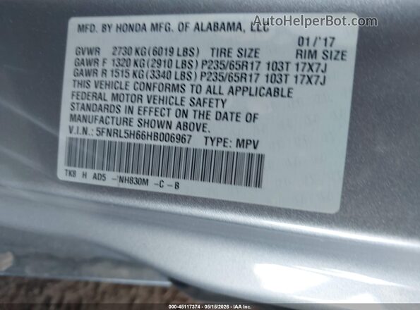 5FNRL5H66HB006967 2017 HONDA ODYSSEY Gray 