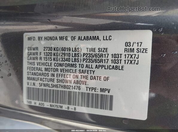 5FNRL5H67HB021476 2017 HONDA ODYSSEY Gray Engine compartment view