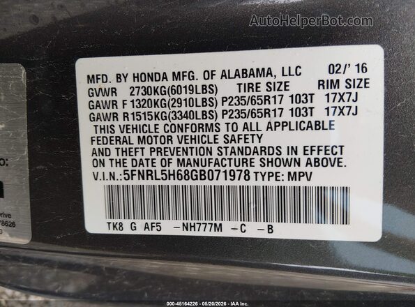 5FNRL5H68GB071978 2016 HONDA ODYSSEY Gray Vista del compartimento del motor