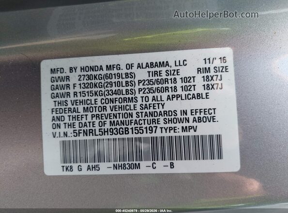 5FNRL5H93GB155197 2016 HONDA ODYSSEY Silver Vista del compartimento del motor