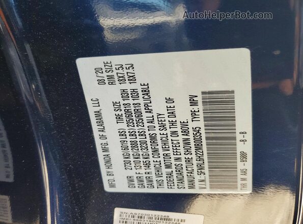 5FNRL6H22MB003545 2021 HONDA ODYSSEY Blue 