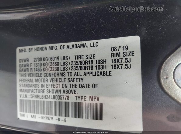 5FNRL6H24LB005778 2020 HONDA ODYSSEY Gray Widok komory silnika