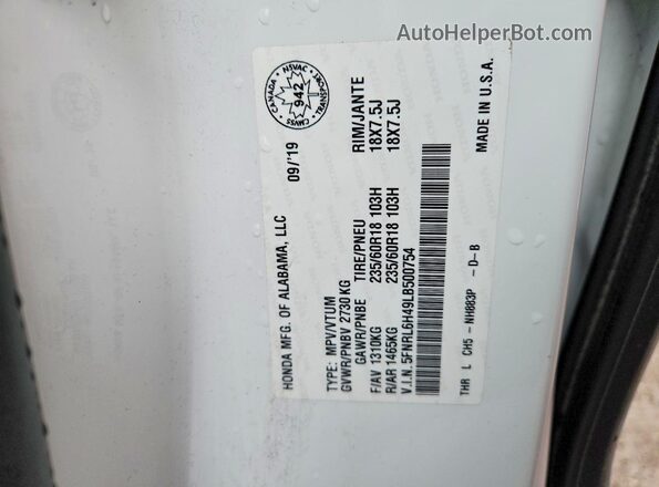 5FNRL6H49LB500754 2020 HONDA ODYSSEY Белый Вид наклейки с VIN-кодом