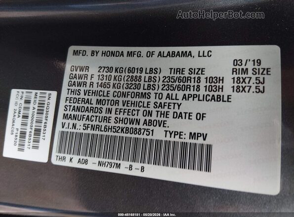 5FNRL6H52KB088751 2019 HONDA ODYSSEY Gray Вид підкапотного простору