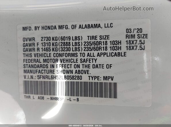 5FNRL6H52LB058280 2020 HONDA ODYSSEY White Շարժիչի բաժամունքի տեսք