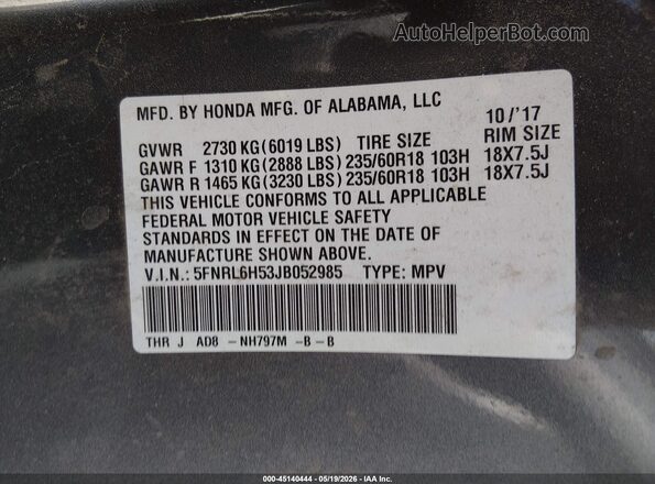 5FNRL6H53JB052985 2018 HONDA ODYSSEY Gray 