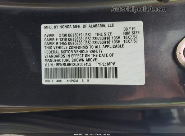 5FNRL6H53LB007452 2020 HONDA ODYSSEY Gray Widok komory silnika