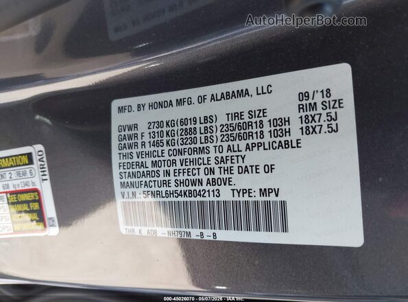 5FNRL6H54KB042113 2019 HONDA ODYSSEY Gray 