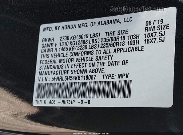 5FNRL6H54KB118087 2019 HONDA ODYSSEY Black 