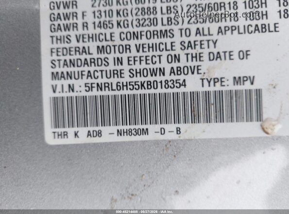 5FNRL6H55KB018354 2019 HONDA ODYSSEY Silver Вид підкапотного простору