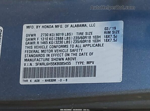 5FNRL6H55KB085455 2019 HONDA ODYSSEY Blue Vista del compartimento del motor