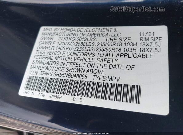5FNRL6H55NB048068 2022 HONDA ODYSSEY Blue Շարժիչի բաժամունքի տեսք