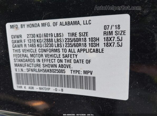 5FNRL6H56KB025085 2019 HONDA ODYSSEY Black Vista del compartimento del motor