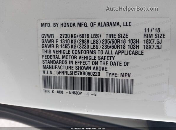 5FNRL6H57KB060220 2019 HONDA ODYSSEY White 