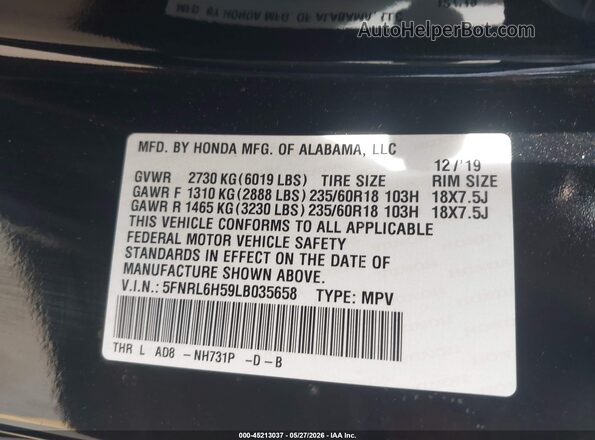 5FNRL6H59LB035658 2020 HONDA ODYSSEY Black ძრავის განყოფილების ხედი