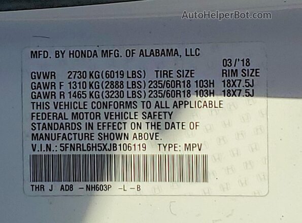 5FNRL6H5XJB106119 2018 HONDA ODYSSEY White Вид наклейки з VIN-кодом