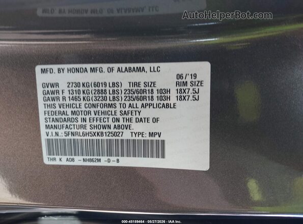 5FNRL6H5XKB125027 2019 HONDA ODYSSEY Gray Vista del compartimento del motor
