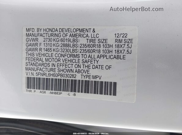 5FNRL6H60PB030282 2023 HONDA ODYSSEY White Շարժիչի բաժամունքի տեսք