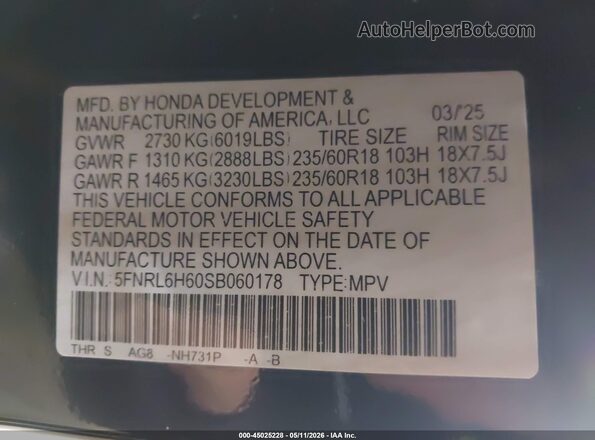 5FNRL6H60SB060178 2025 HONDA ODYSSEY Black Engine compartment view