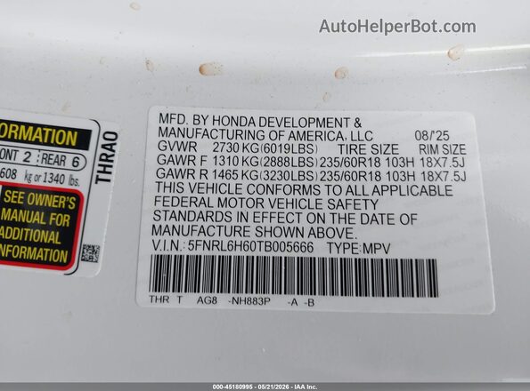 5FNRL6H60TB005666 2026 HONDA ODYSSEY Белый Вид подкапотного пространства