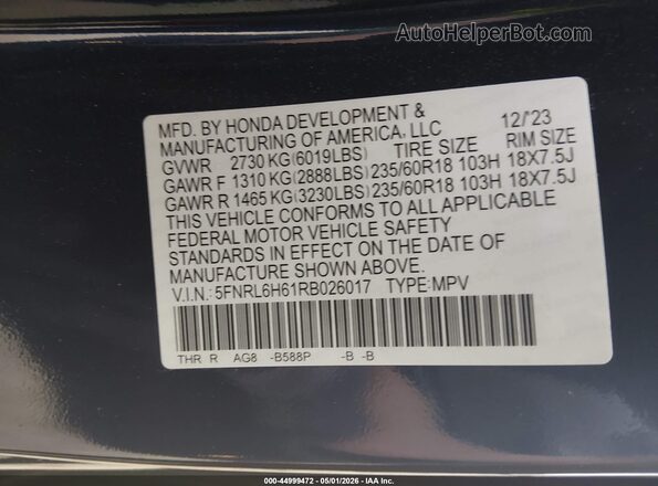 5FNRL6H61RB026017 2024 HONDA ODYSSEY Blue Vista del compartimento del motor