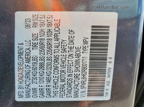 5FNRL6H62RB001711 2024 HONDA ODYSSEY Gray VIN კოდის სტიკერის ხედი