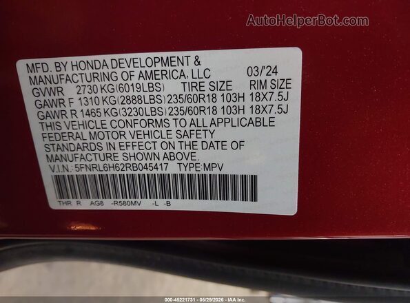 5FNRL6H62RB045417 2024 HONDA ODYSSEY Red Widok komory silnika
