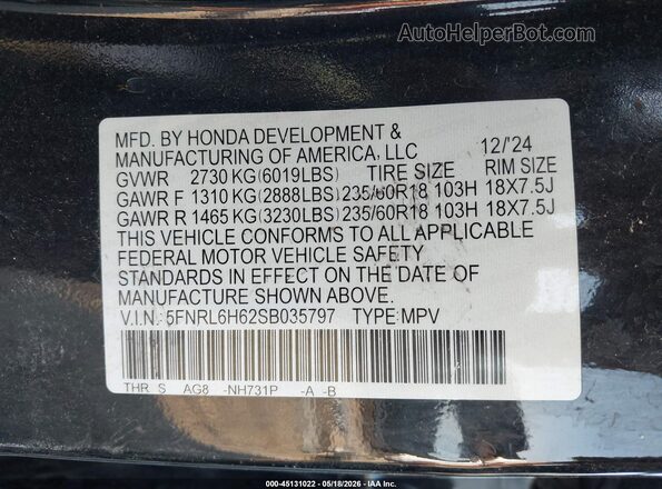5FNRL6H62SB035797 2025 HONDA ODYSSEY Black 