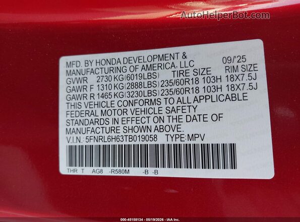5FNRL6H63TB019058 2026 HONDA ODYSSEY Red Engine compartment view