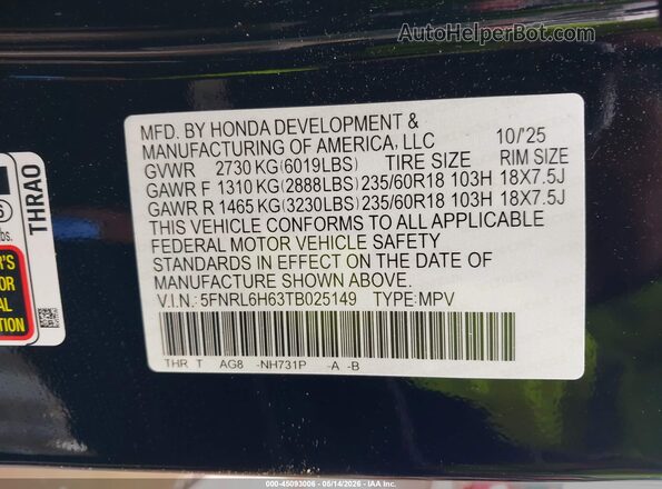 5FNRL6H63TB025149 2026 HONDA ODYSSEY Black Շարժիչի բաժամունքի տեսք