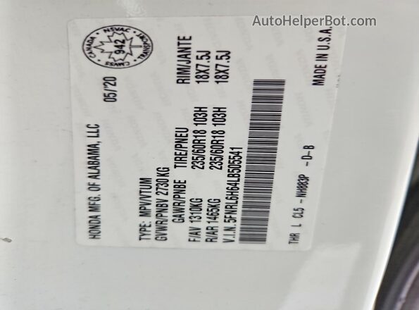 5FNRL6H64LB505541 2020 HONDA ODYSSEY White 