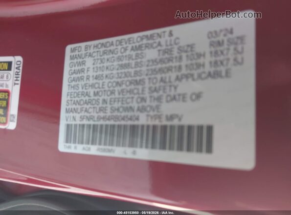 5FNRL6H64RB045404 2024 HONDA ODYSSEY Red Engine compartment view