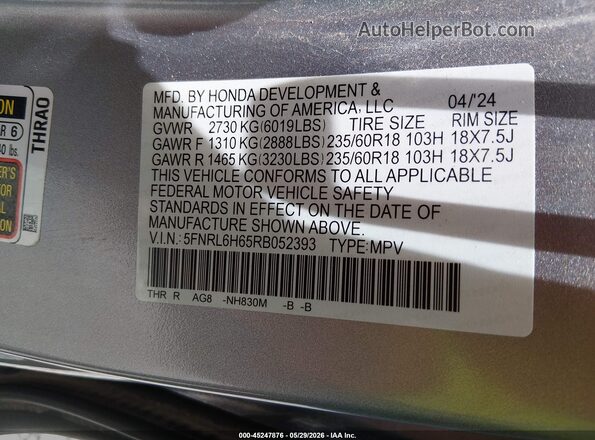 5FNRL6H65RB052393 2024 HONDA ODYSSEY Gray Vista del compartimento del motor