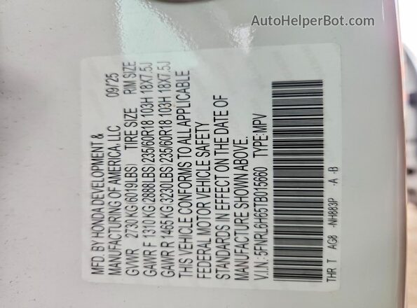 5FNRL6H65TB015660 2026 HONDA ODYSSEY White Vista de la etiqueta del VIN