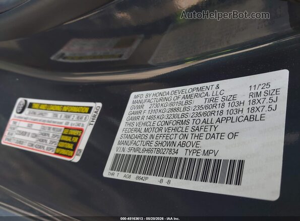 5FNRL6H66TB027834 2026 HONDA ODYSSEY Blue Вид підкапотного простору