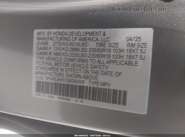 5FNRL6H67SB066608 2025 HONDA ODYSSEY Серый Вид подкапотного пространства