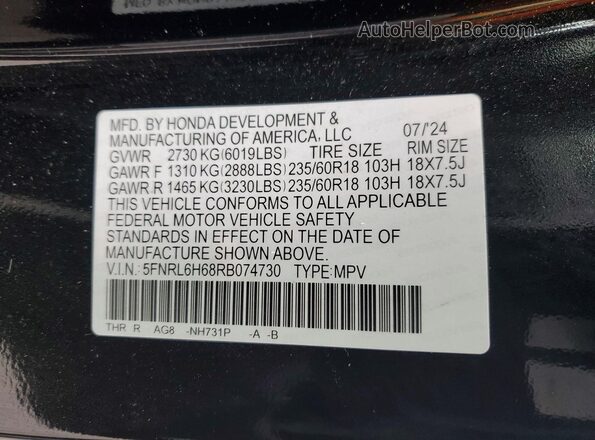 5FNRL6H68RB074730 2024 HONDA ODYSSEY Black Вид наклейки з VIN-кодом