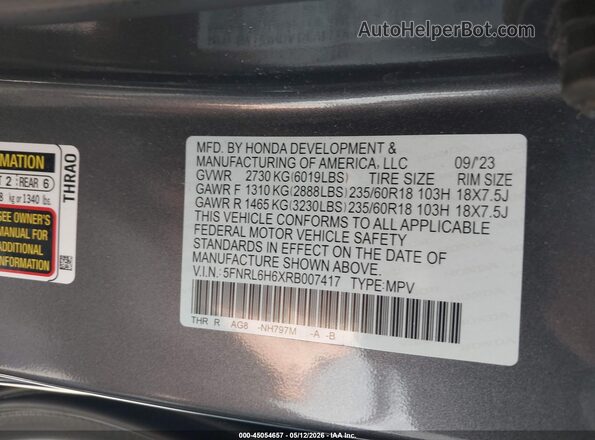 5FNRL6H6XRB007417 2024 HONDA ODYSSEY Gray ძრავის განყოფილების ხედი